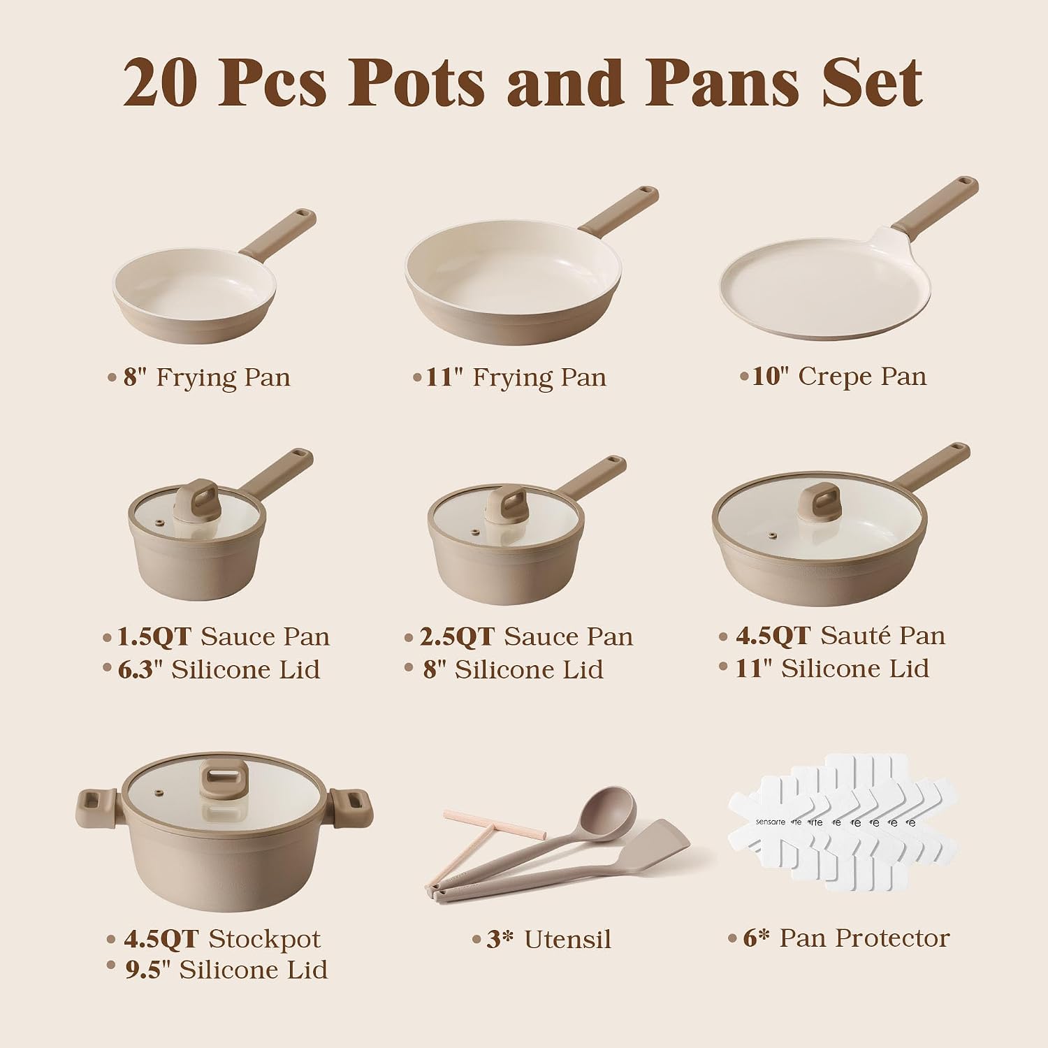 20-Piece Taupe Non-Stick Cookware Set