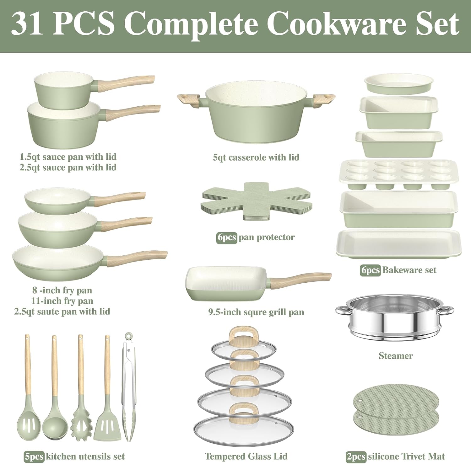 31 Piece Complete Cookware and Bakeware Set