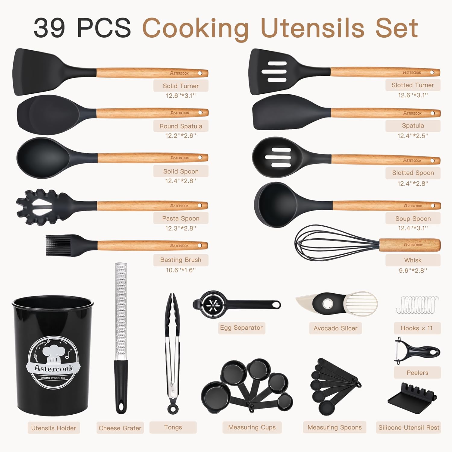 39-Piece Silicone Utensil Set with Wooden Handles