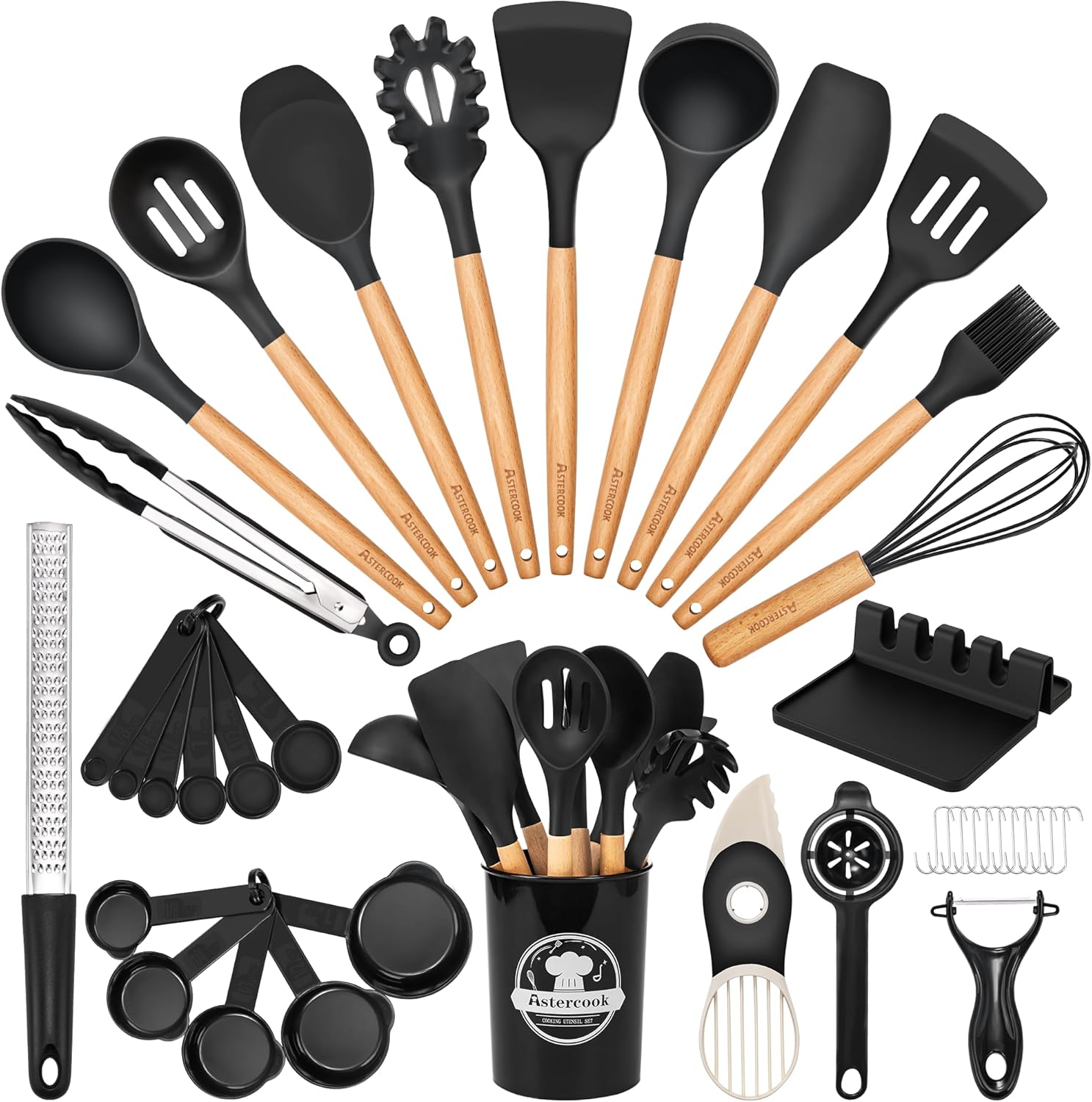 39-Piece Silicone Utensil Set with Wooden Handles